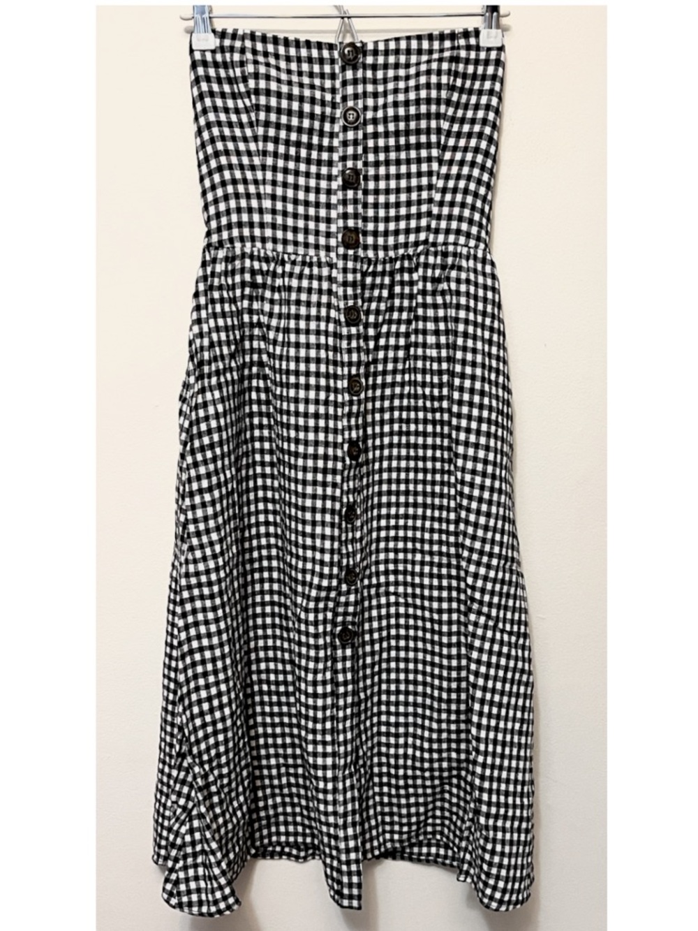 Reformation • 4 • 100% Linen Strapless Button Front Black & White Gingham Midi